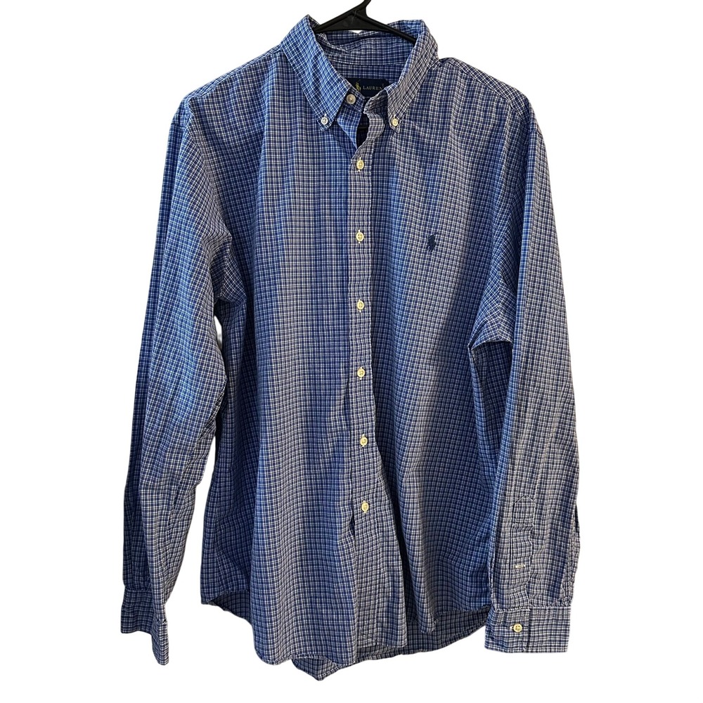 Ralph Lauren Custom Fit Plaid Gingham Blue Pony Long Sleeve Button Down Mens XL